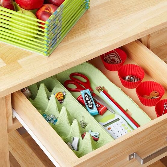 Clever Storage Uses for Repurposed Items :: an egg carton and cupcake liners are great drawer organizers for the office